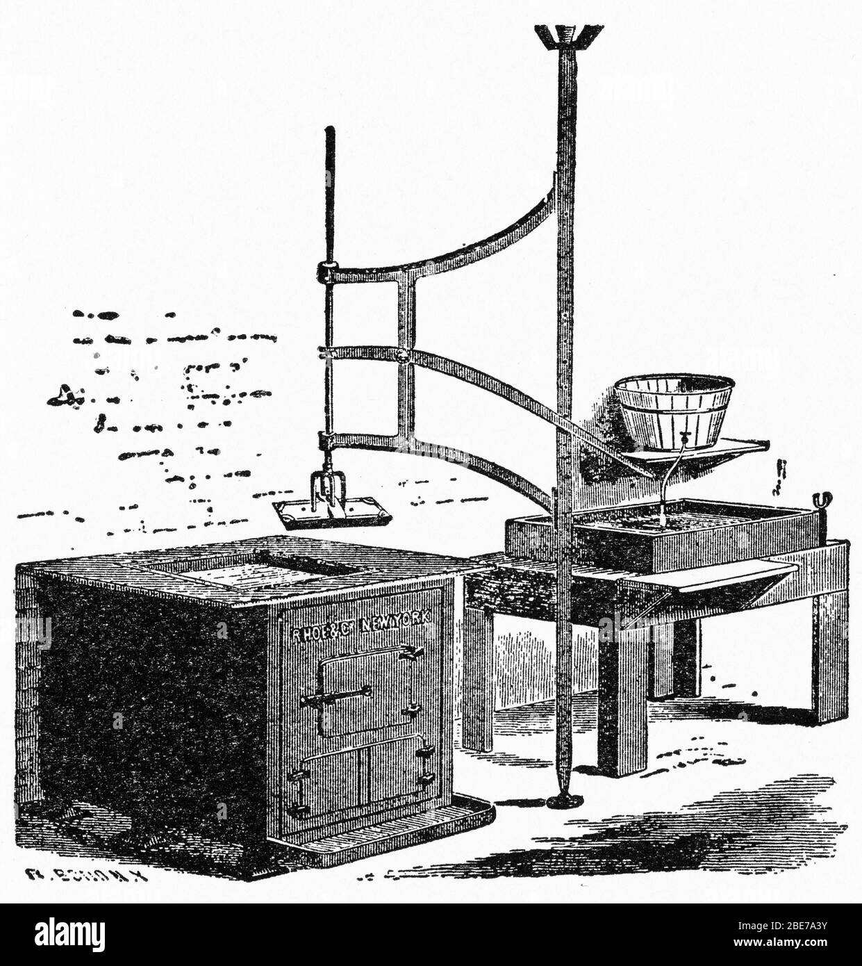 Engraving of a melting furnace, crane, casting pan and cooling trough used for the plaster process in a stereotype foundry, reproducing the plates of printed type used for making books Stock Photo