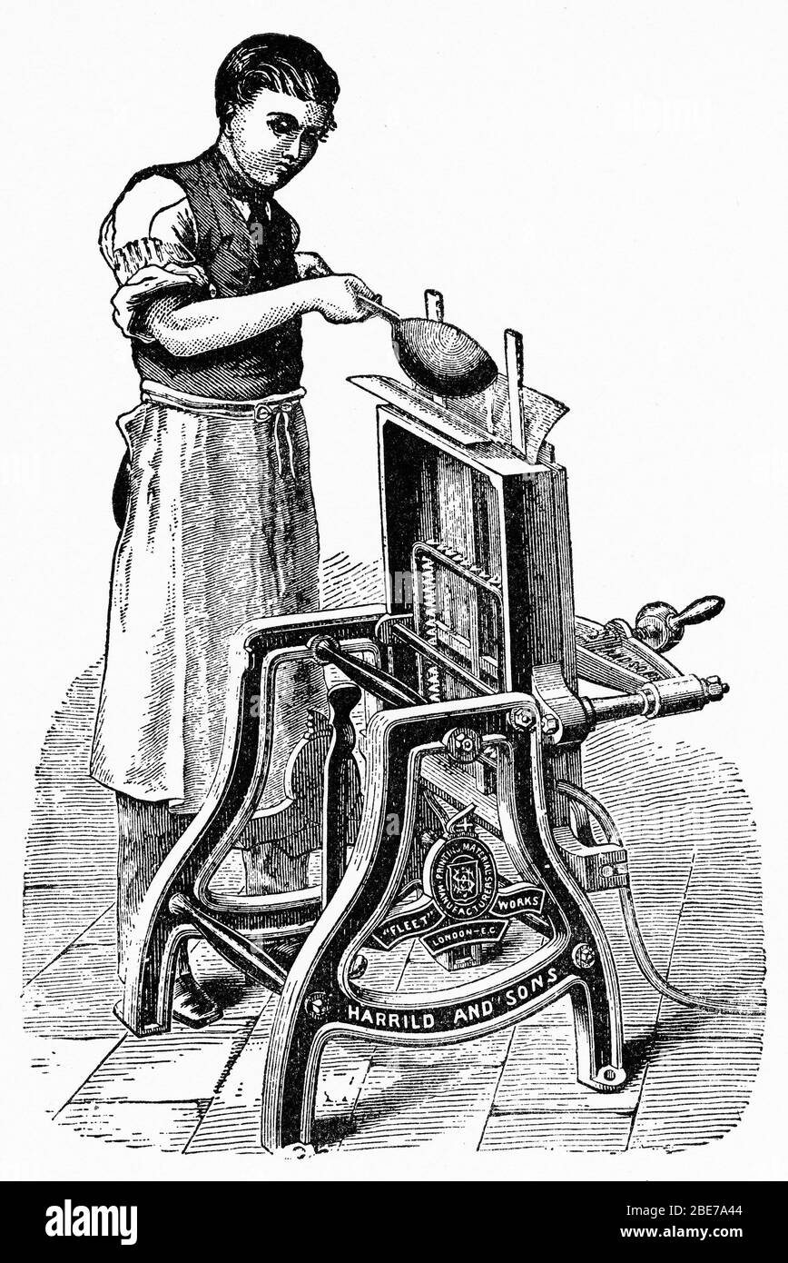 Engraving of a tradesman casting metal in a stereotype foundry, reproducing the plates of printed type used for making books Stock Photo