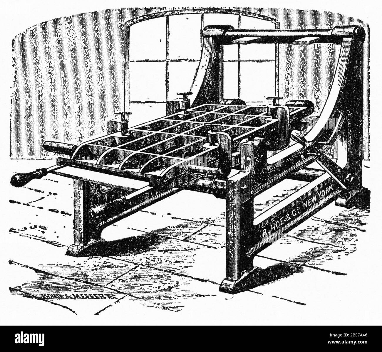 Engraving of  flat stereotype casting box for the paper process, used for reproducing the plates of printed type used for making books Stock Photo