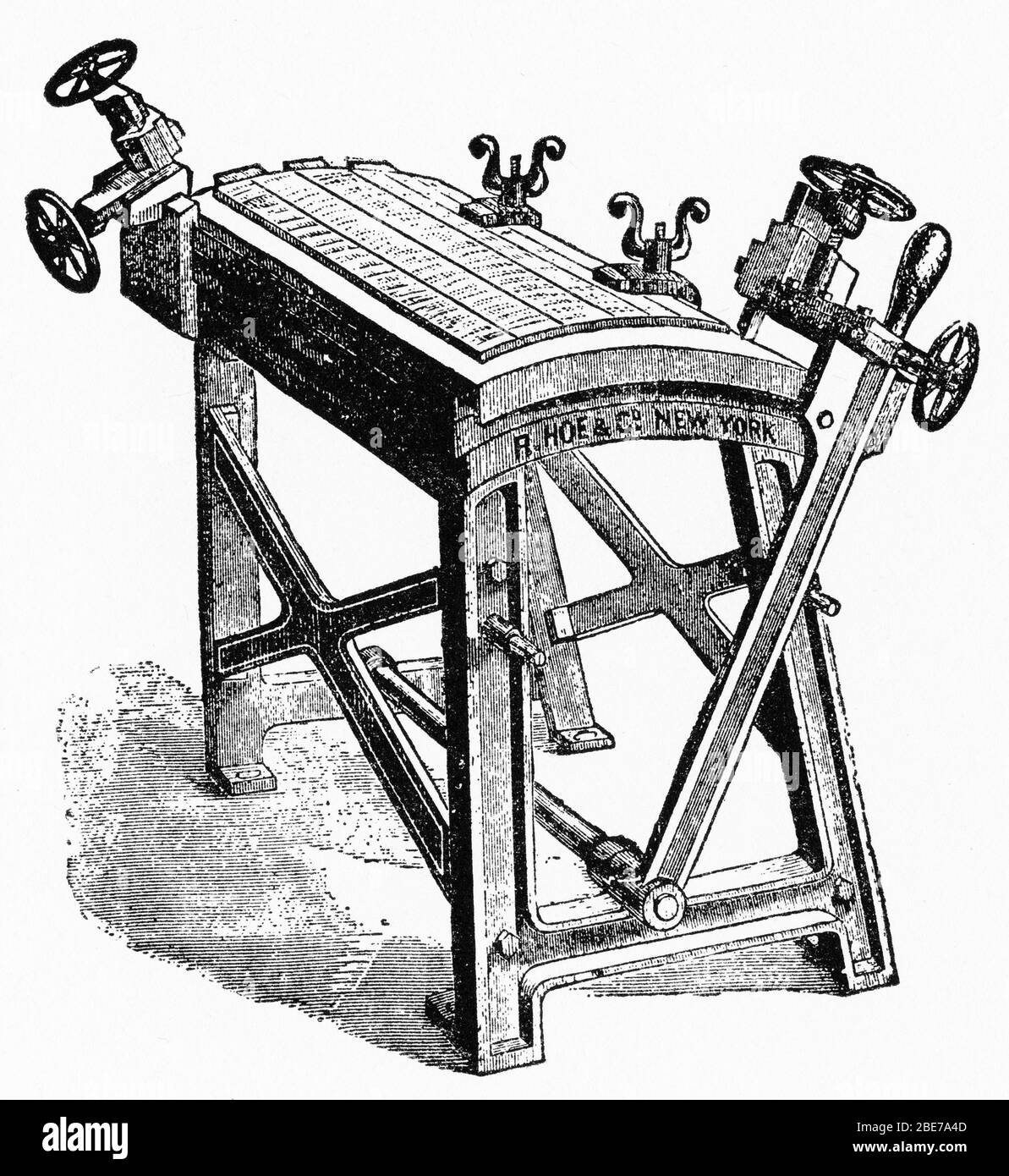 Engraving of a finishing saddle in a stereotype foundry, reproducing the plates of printed type used for making books Stock Photo