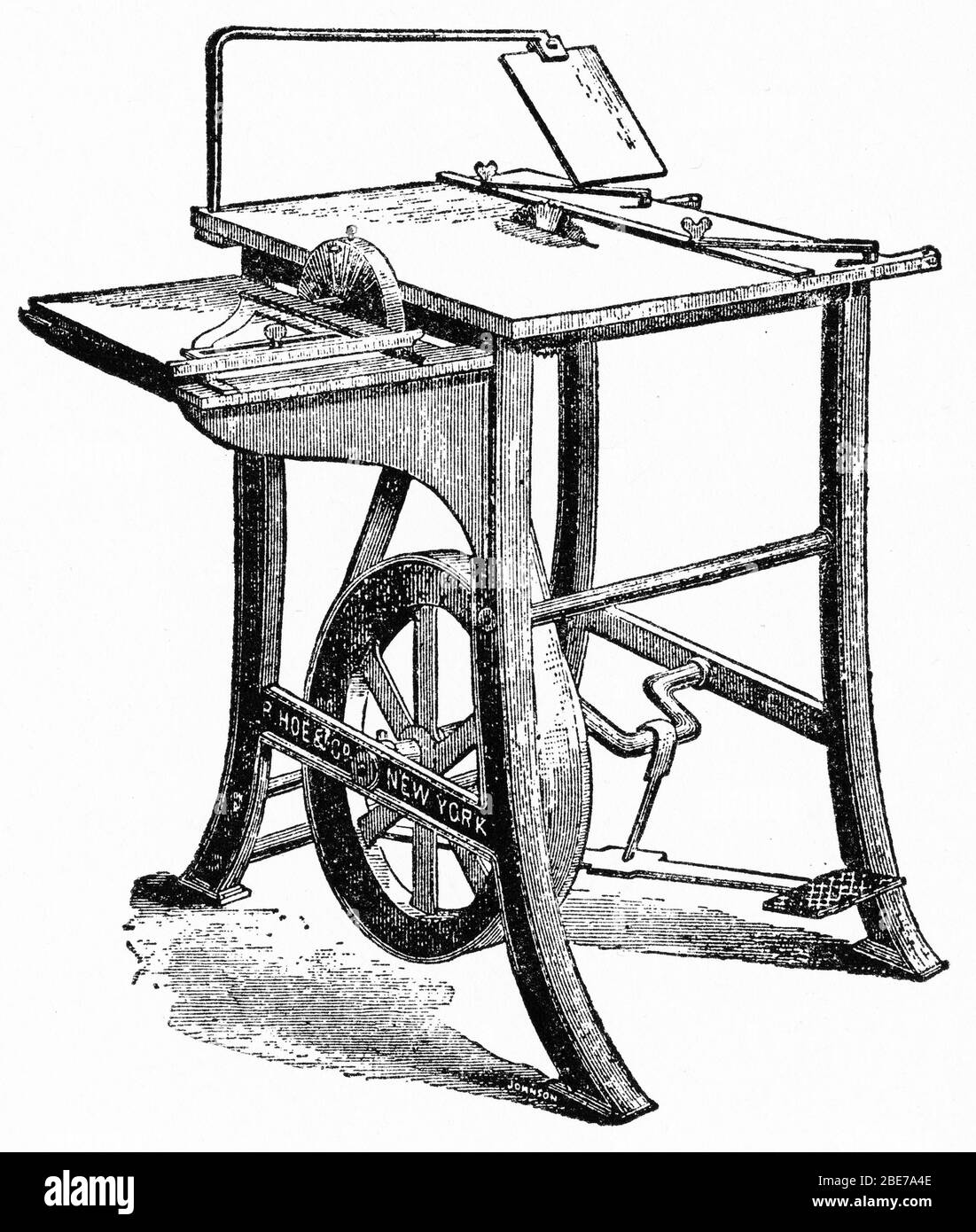 Engraving of a 19th century foot operated circular saw Stock Photo