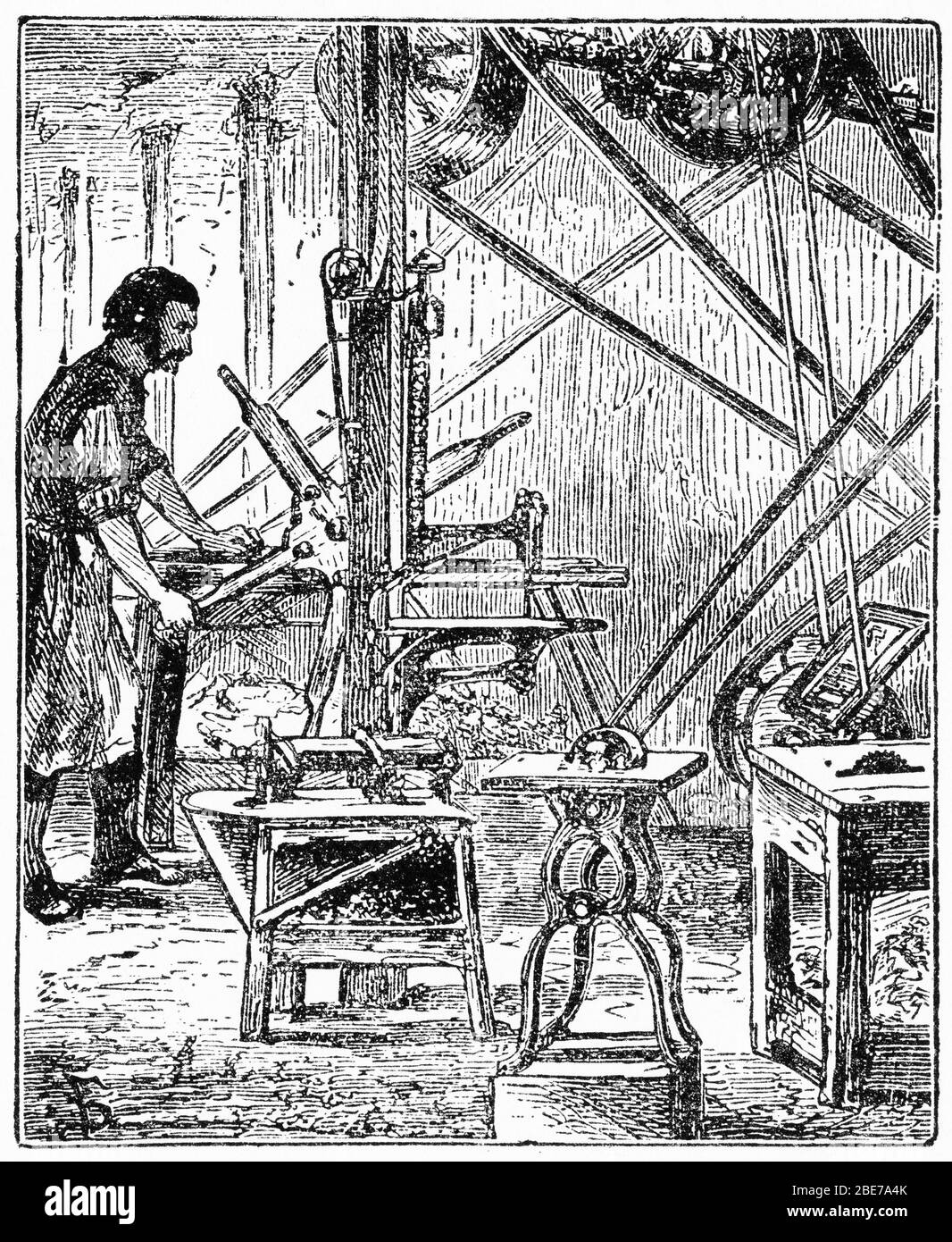 Engraving of a tradesman planing and bevelling plates in a stereotype foundry, reproducing the plates of printed type used for making books Stock Photo