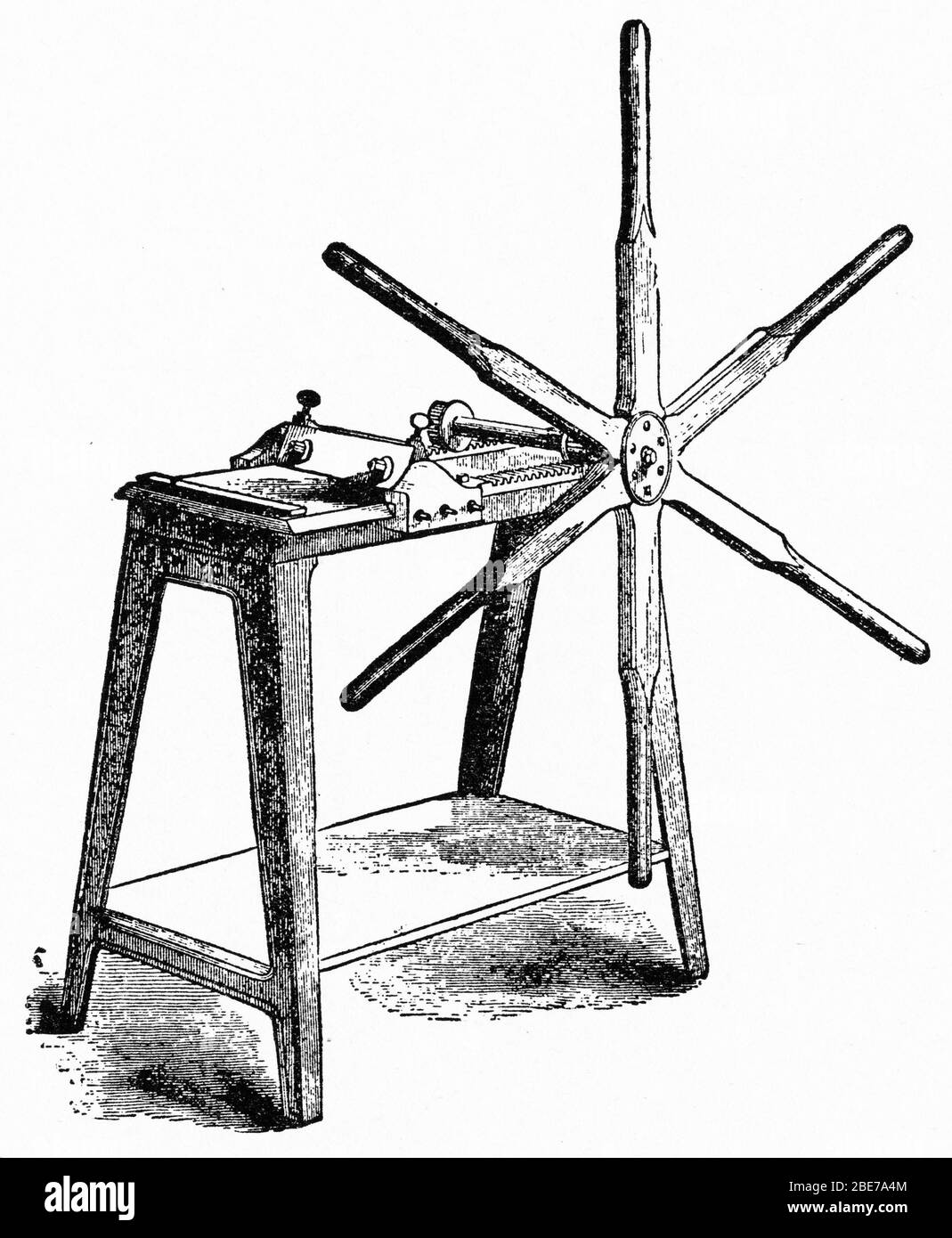 Engraving of a hand operated planing machine Stock Photo