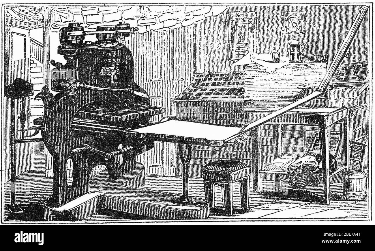Engraving of a stanhope printing press from 1800 Stock Photo