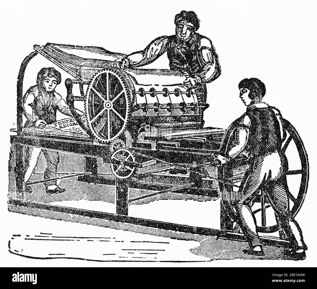 Engraving of the first cylinder printing press made in USA Stock Photo