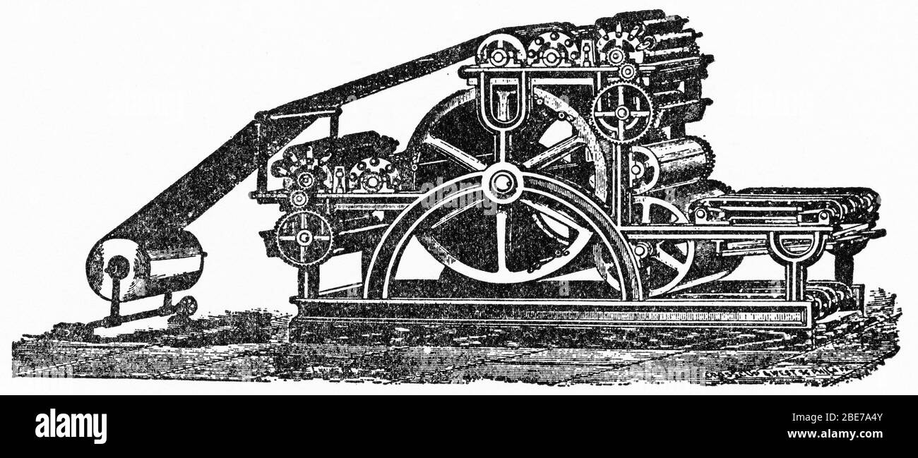 Engraving of the Bullock printing press, the first to operate with a continuous feed of reel-fed paper, now the standard for printing newspapers Stock Photo
