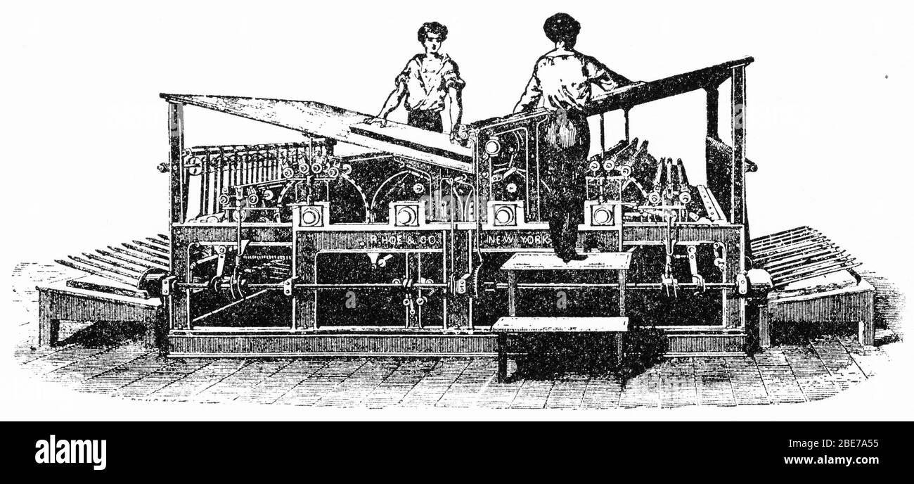 Engraving of people working a perfecting rotary printing press Stock Photo