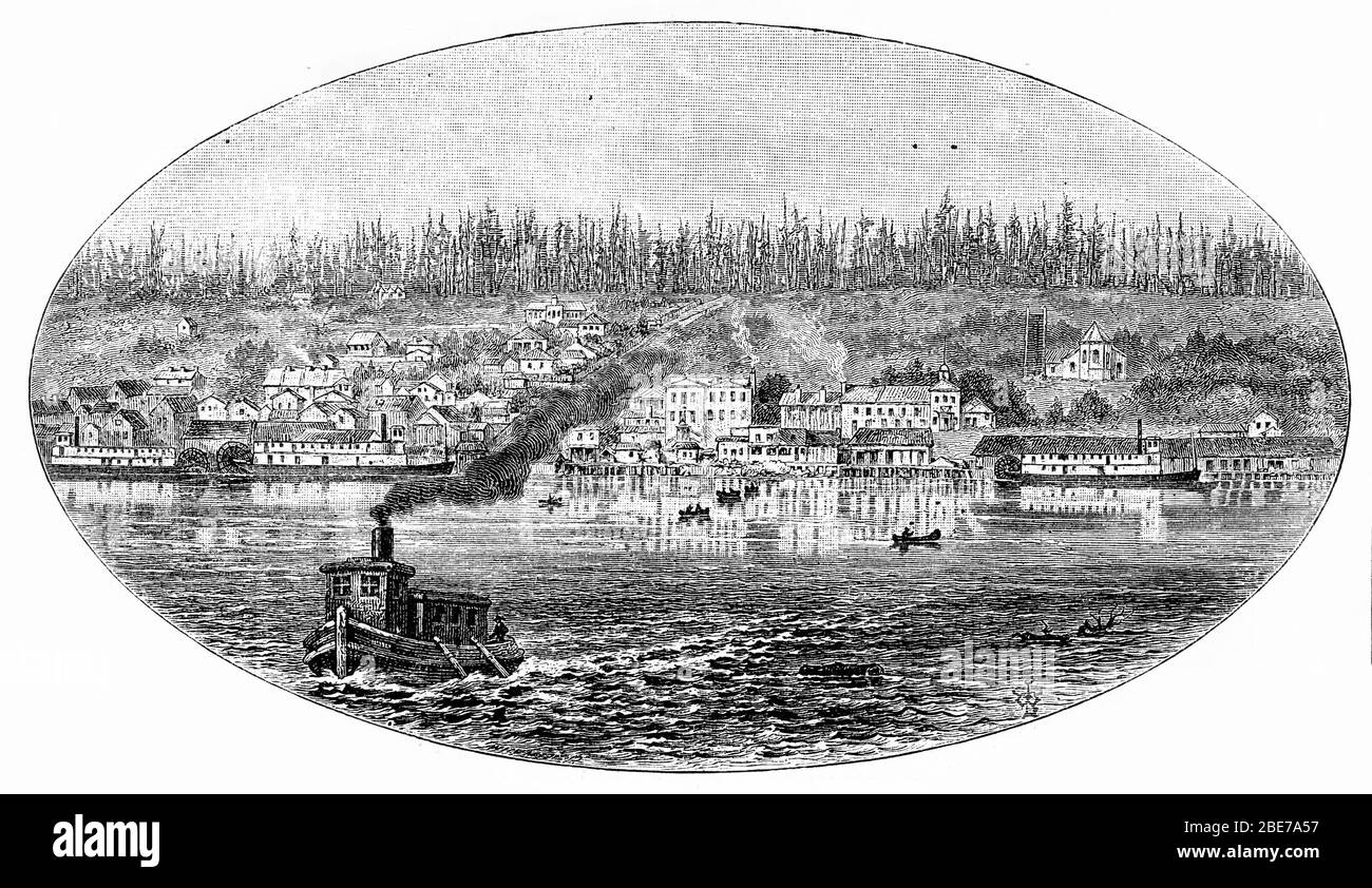 Engraving of New Westminster of British Columbia in Canada, circa 1800s Stock Photo