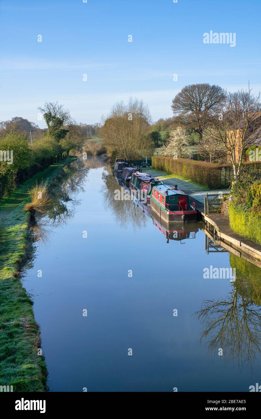 Canal boats on the oxford canal on a spring morning. Twyford Wharf