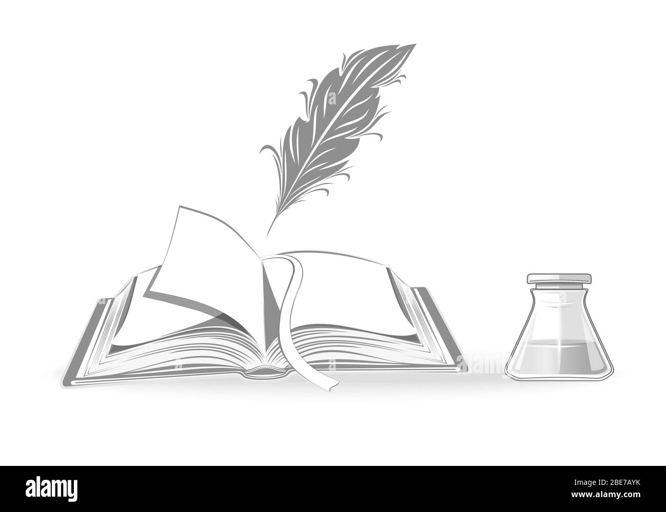 Open book and feather pen. Drawing of pen on white background in doodle  style. Concept for education. Stock Vector