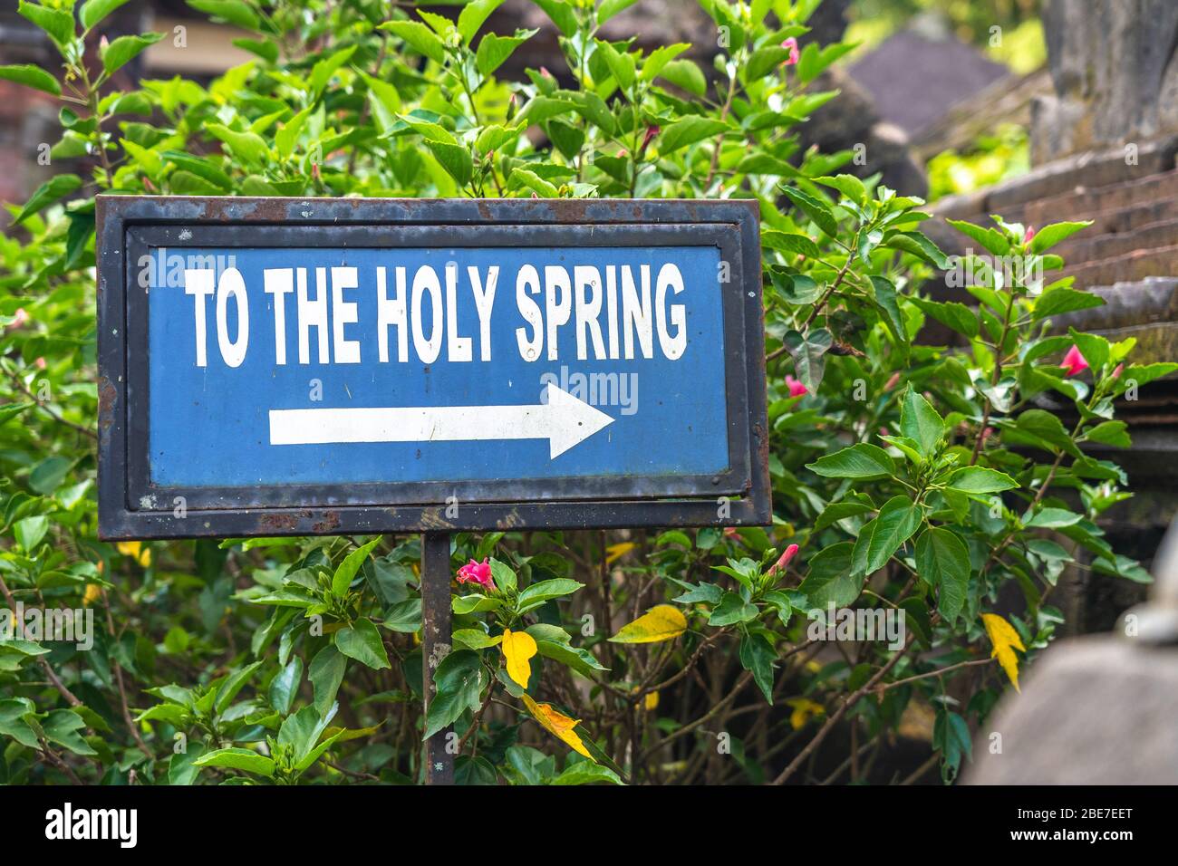 To the holy spring sign at Tirta Empul Holy Water Temple, Bali - Indonesia Stock Photo