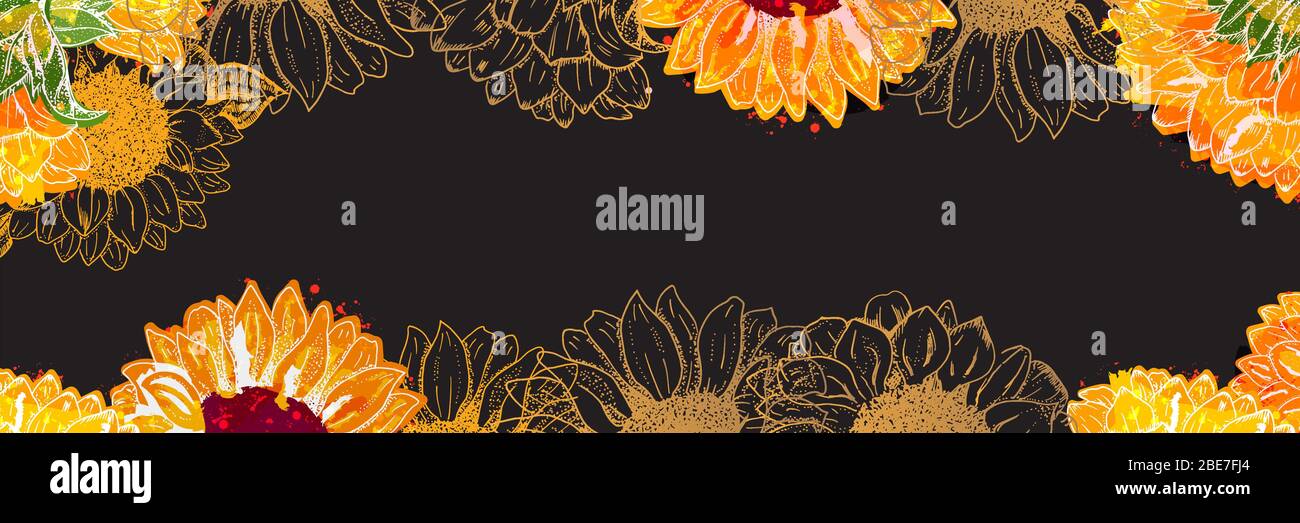 Vector panorama with watercolor sunflowers on a black background and a place for text Stock Vector