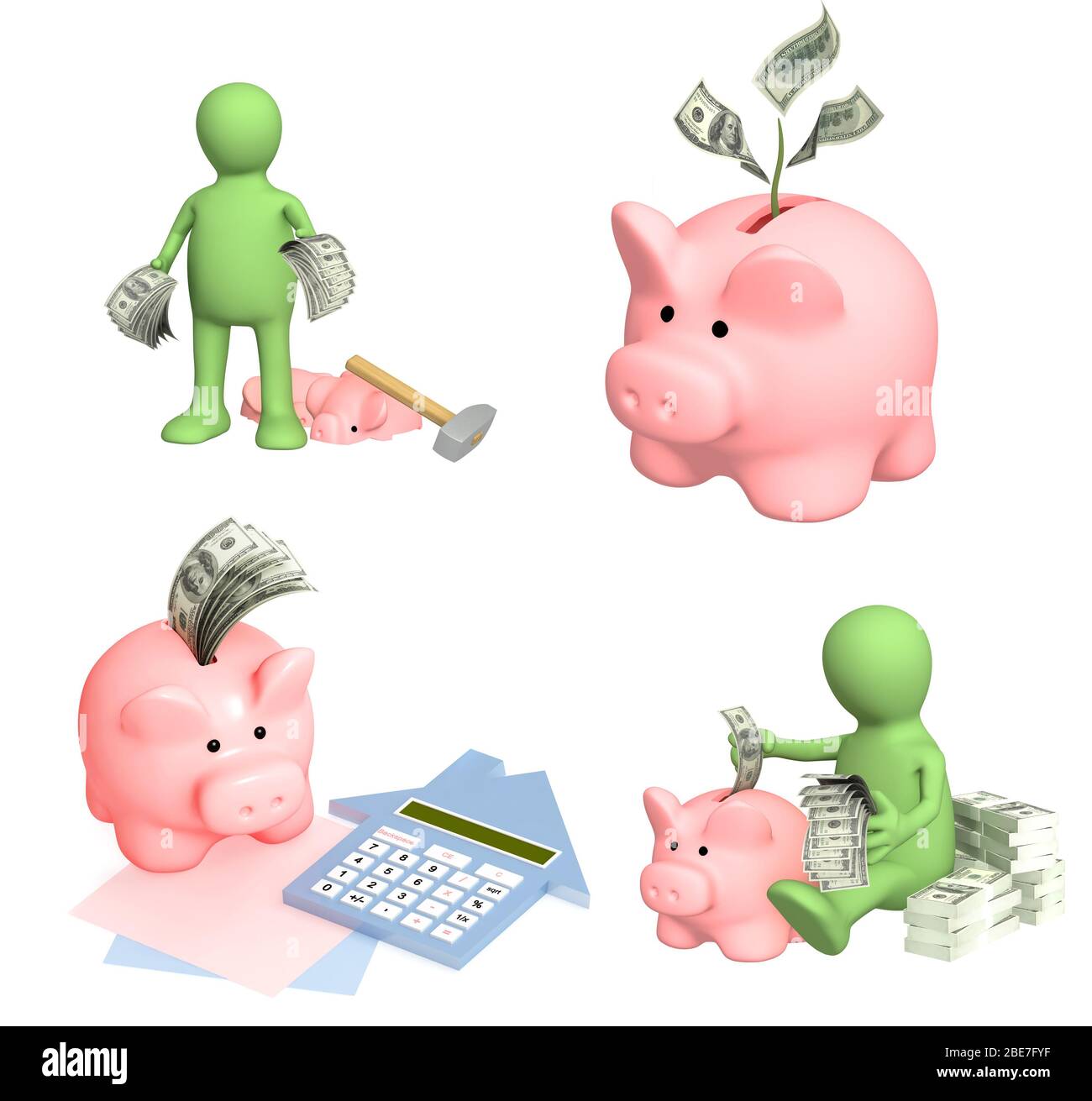 Saving money concept. Green 3d puppet, broken a hammer a piggy bank, man  who is saving money in piggy bank, coinbox with dollar banknotes. Isolated  on Stock Photo - Alamy