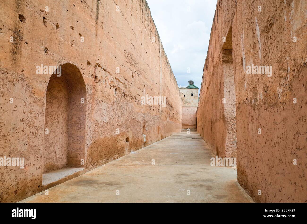 Travel in Morocco, Saadian Tombs at Marrakech with red soil wall Stock Photo