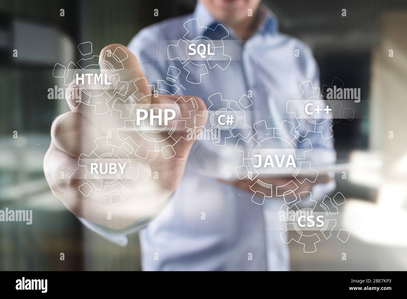 Web development tools concept on virtual screen. Programming language ...
