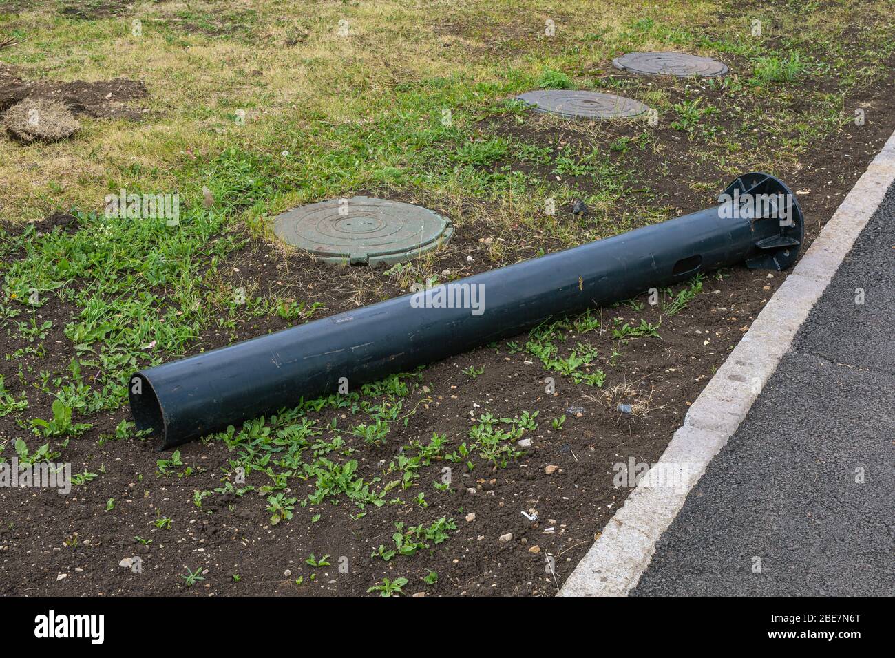 Installing support of engineering structure. Metal support, pole lying