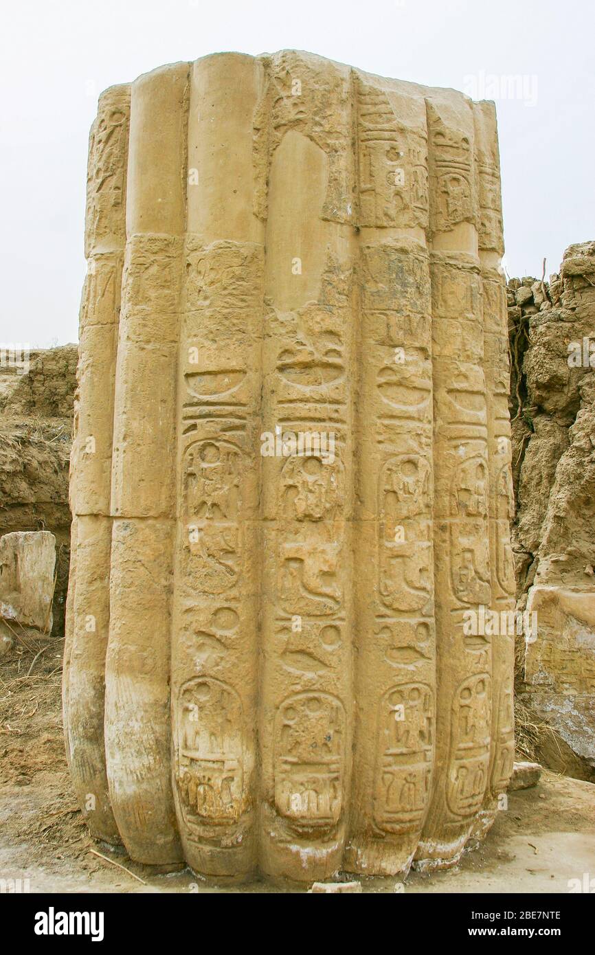 Egypt, Cairo, Heliopolis, the ramesside temple in the zone called Tell el Hisn. Column with the cartouches of Ramses II. Stock Photo