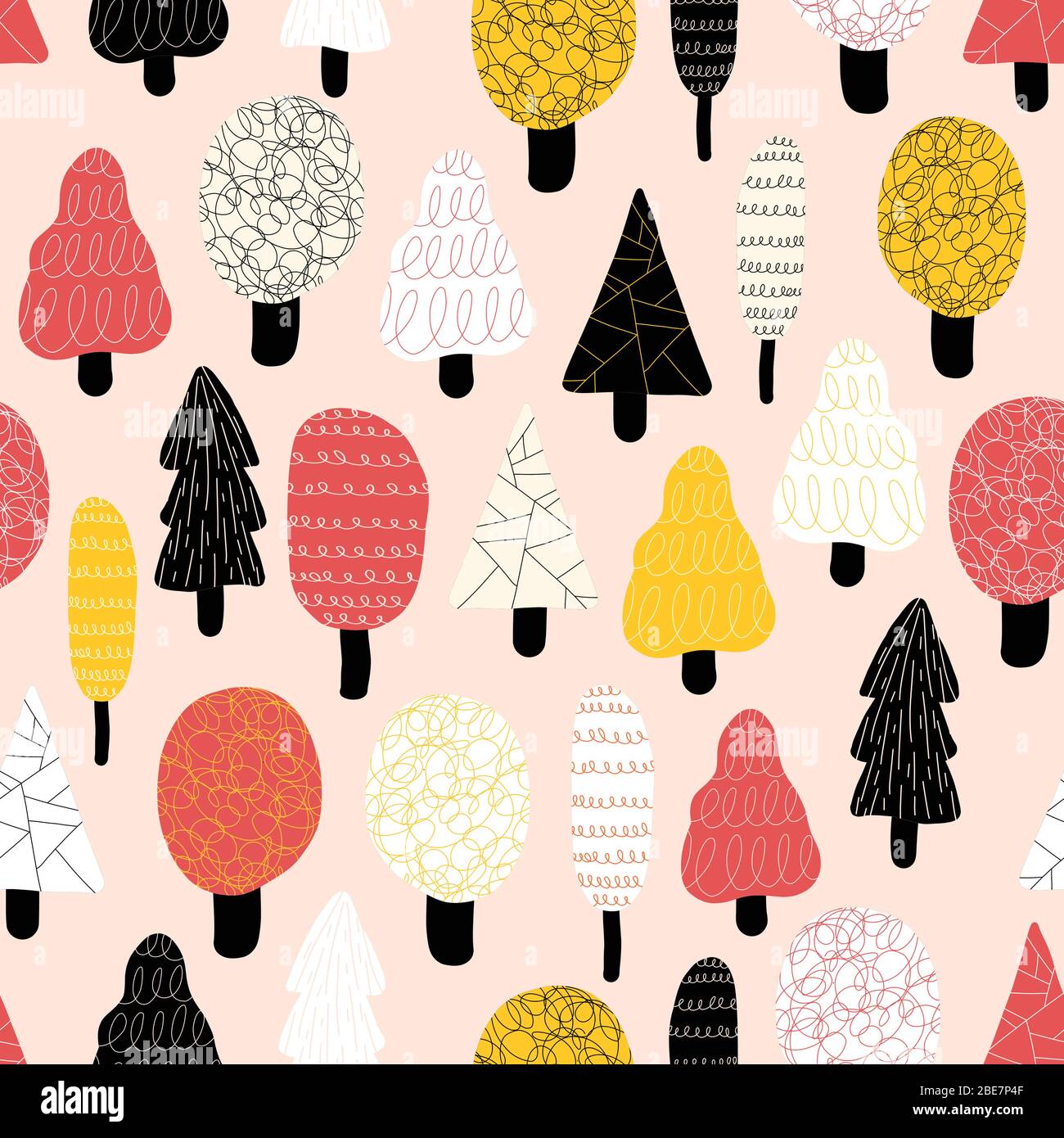 Cute doodle trees seamless vector pattern. Repeating abstract nature ...