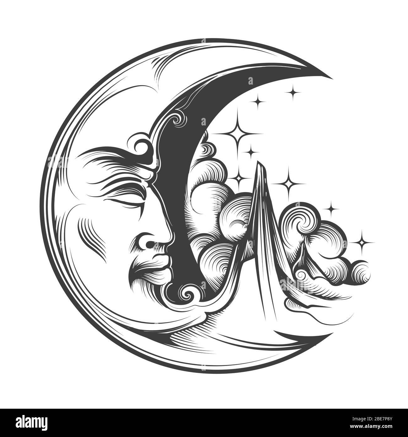 Crescent Moon with face Esoteric Symbol Engraving tattoo. Vector Illustration. Stock Vector