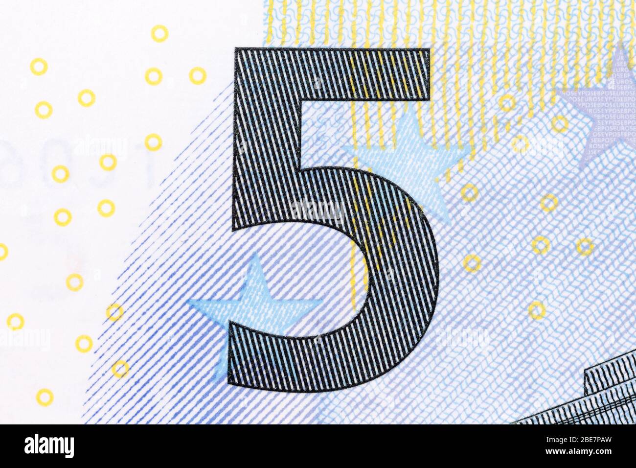 Five euro banknote in macro shot. Money on macro. Stock Photo