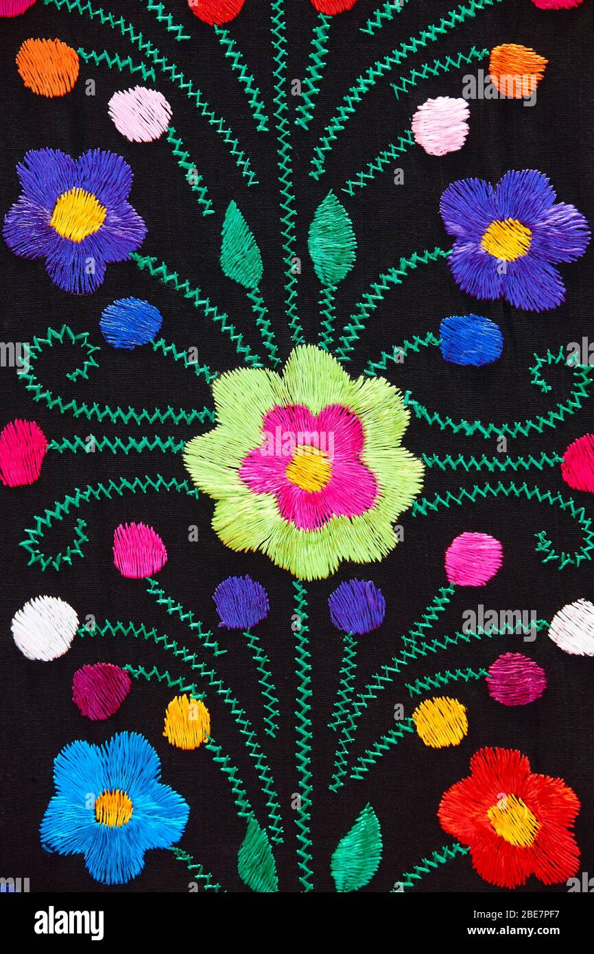 Mexican traditional ornament style colorful textile with floral pattern decoration Stock Photo