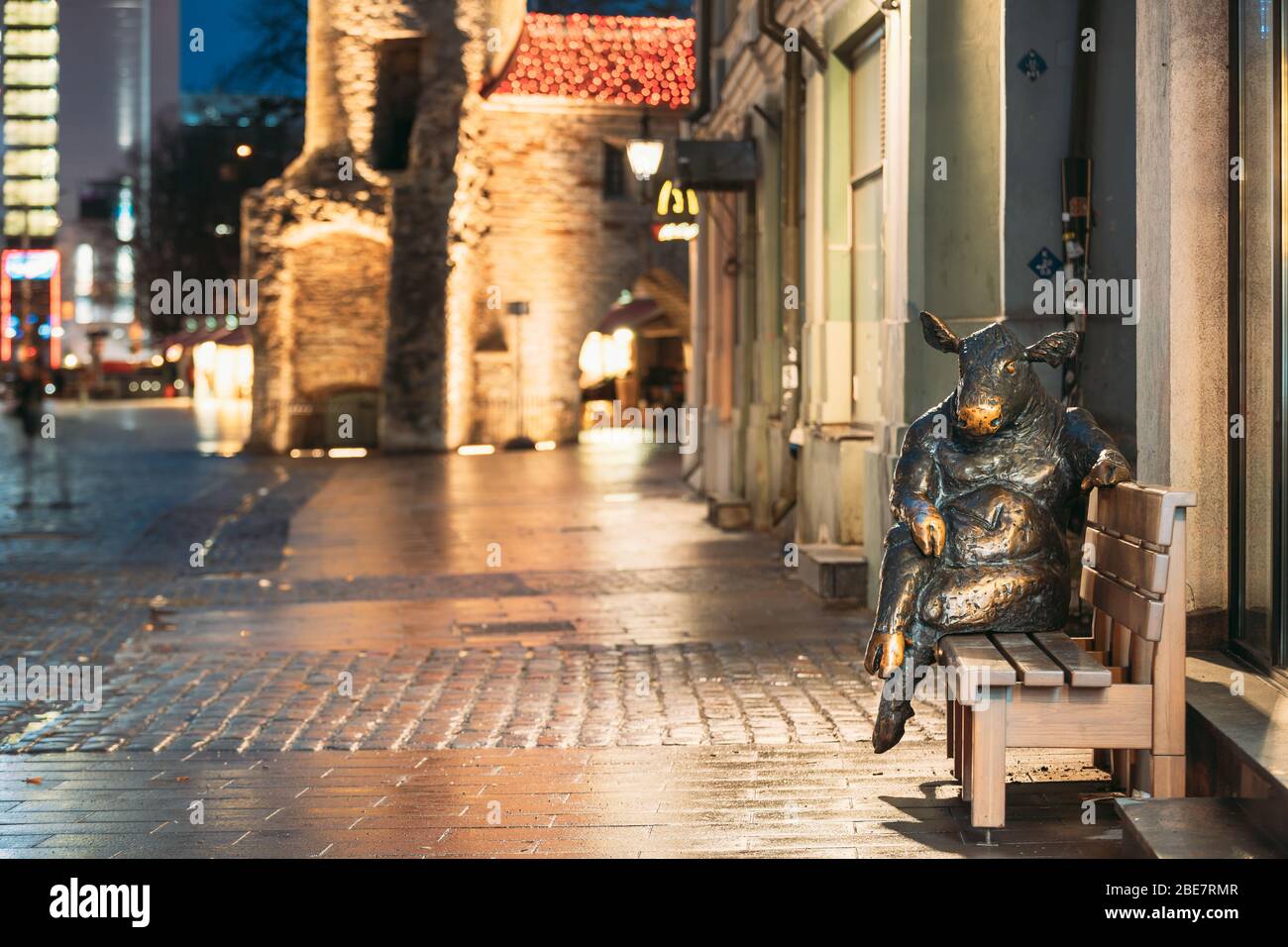 Tallinn, Estonia - December 5, 2016: Black Angus Sculpture - Bronze Bull Cow Statue That Sitting On Bench Near Cafe. Night View. Stock Photo