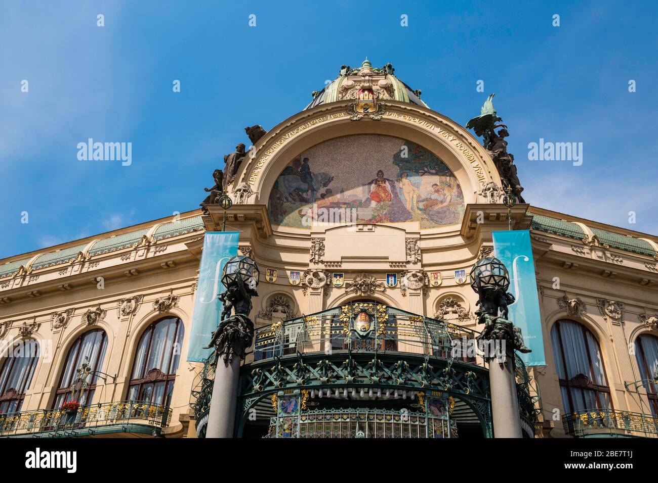 The Municipal House (1912) is a building in Art Nouveau style and contains the concert hall Smetana Hall. Stock Photo