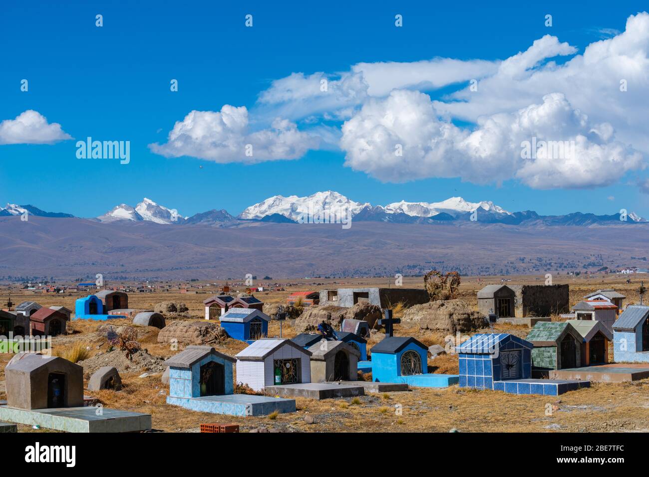 Aymaran Country with the Cordillera Real and its 6,000m peaks, Peninsula  Huata, Department La Paz, Bolivia, Latin America Stock Photo