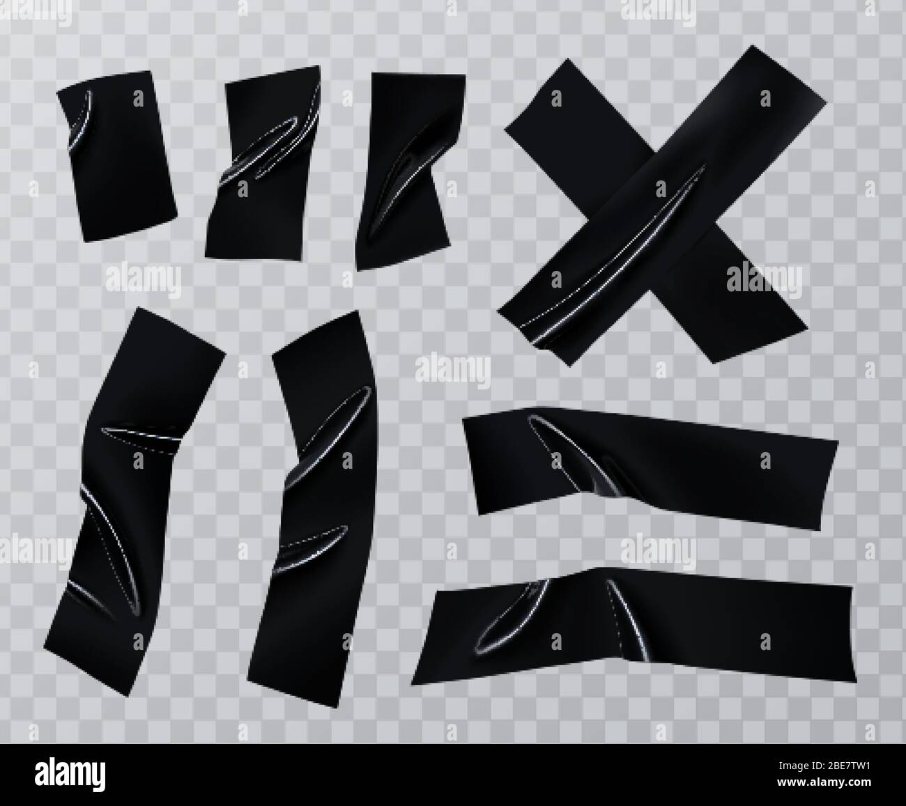 Adhesive duct tape pieces set. Realistic black insulating tape