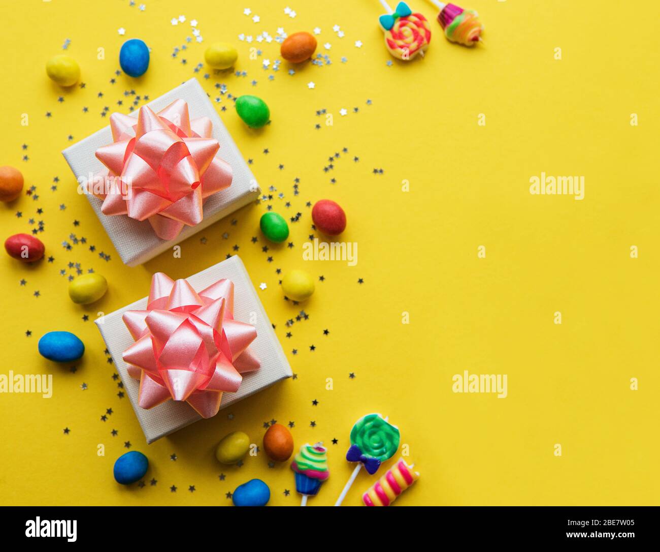 Happy birthday or party background. Flat Lay wtih gifts, confetti and