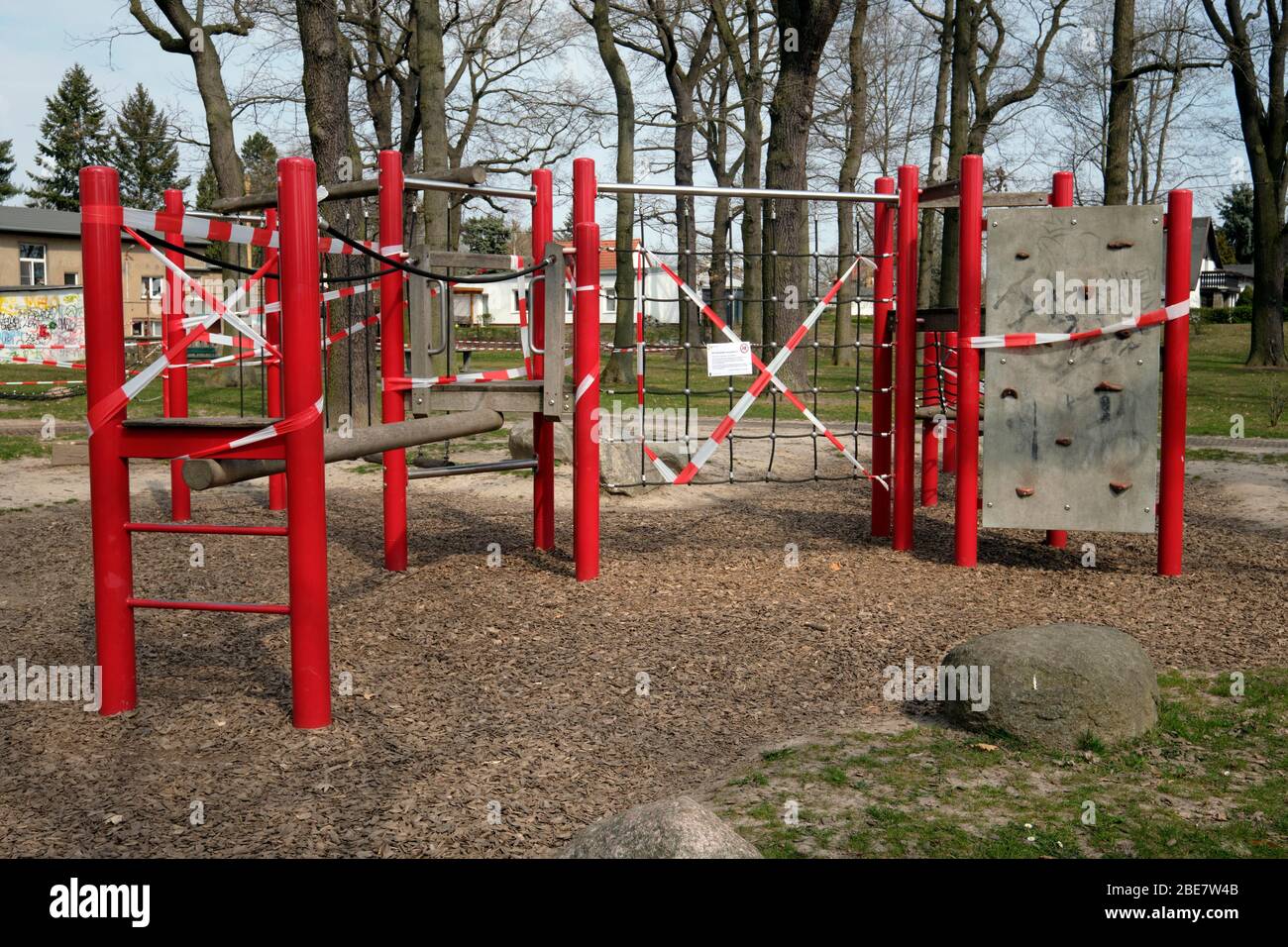 Climbing scaffold at children's playground, closed due to coronavirus, Leipzig, Saxony, Germany Stock Photo