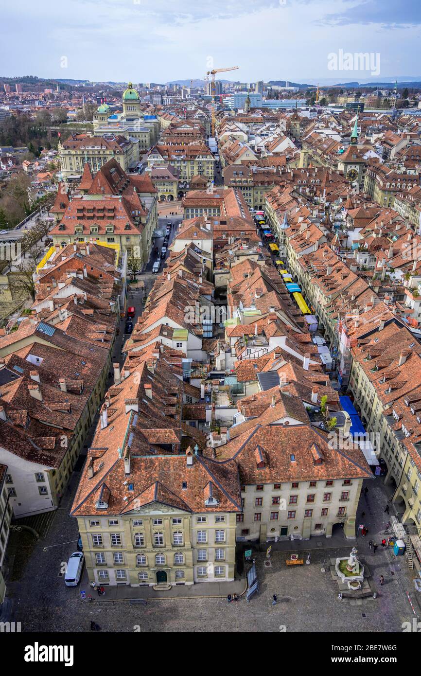 View from the Bernese Minster to the Muensterplatz and the red tiled roofs of the houses in the historic centre of the old town, City view, Inner Stock Photo