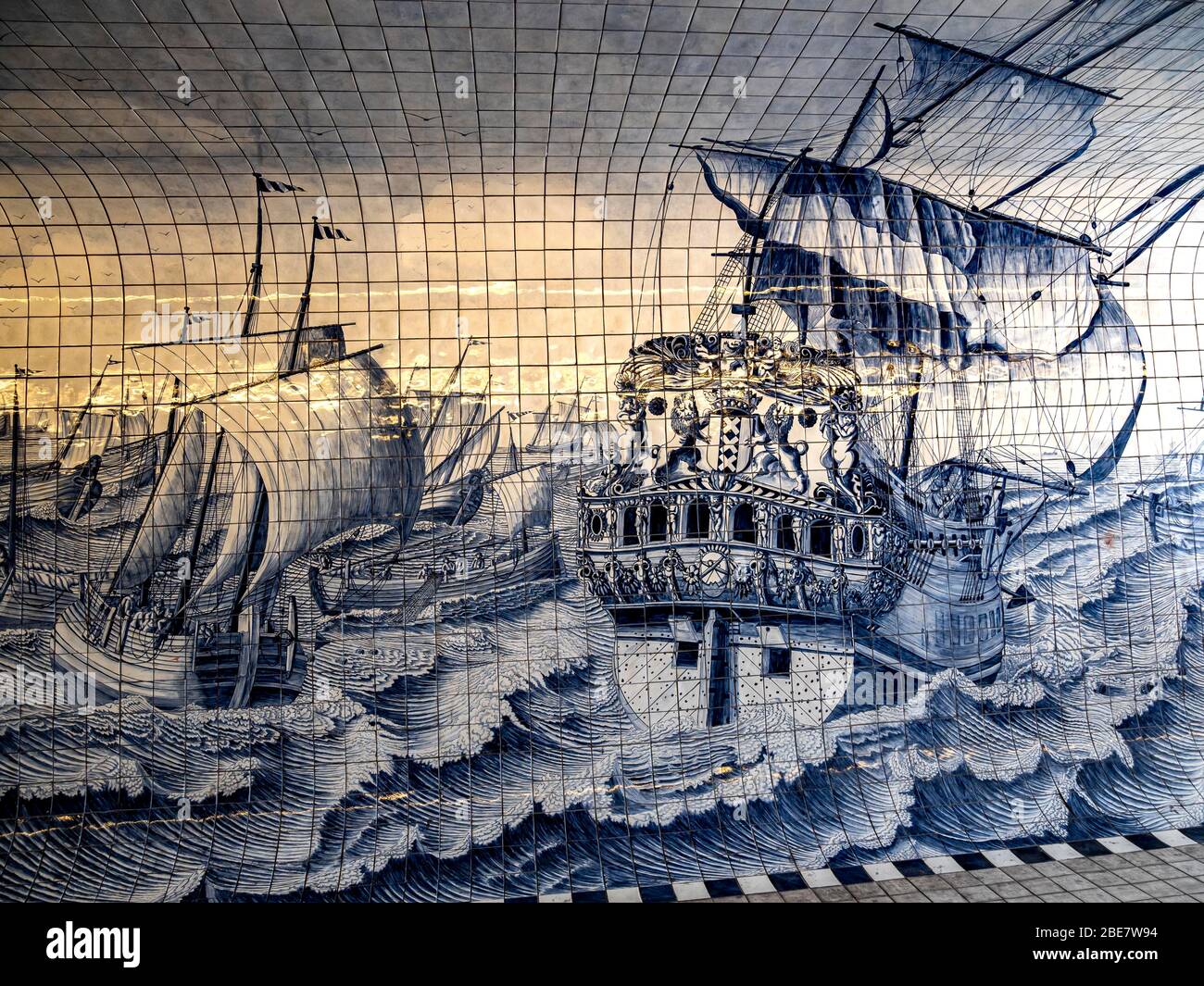 Historical sailing ships on stormy seas, motif on Delft tiles, Amsterdam, Netherlands Stock Photo