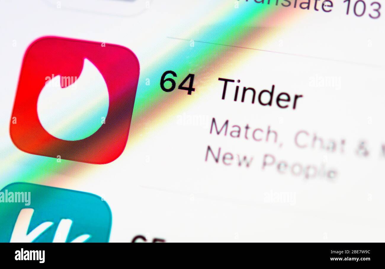 Tinder App, online dating, app icon, iPhone, iOS, smartphone, detail, full screen Stock Photo