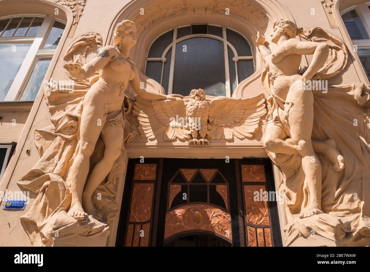 Entrance to Mašek House (1908), Seccessionist residential building designed by Karel Vítězslav Mašek, in Široká Street, Prague, Czech Republic. Stock Photo