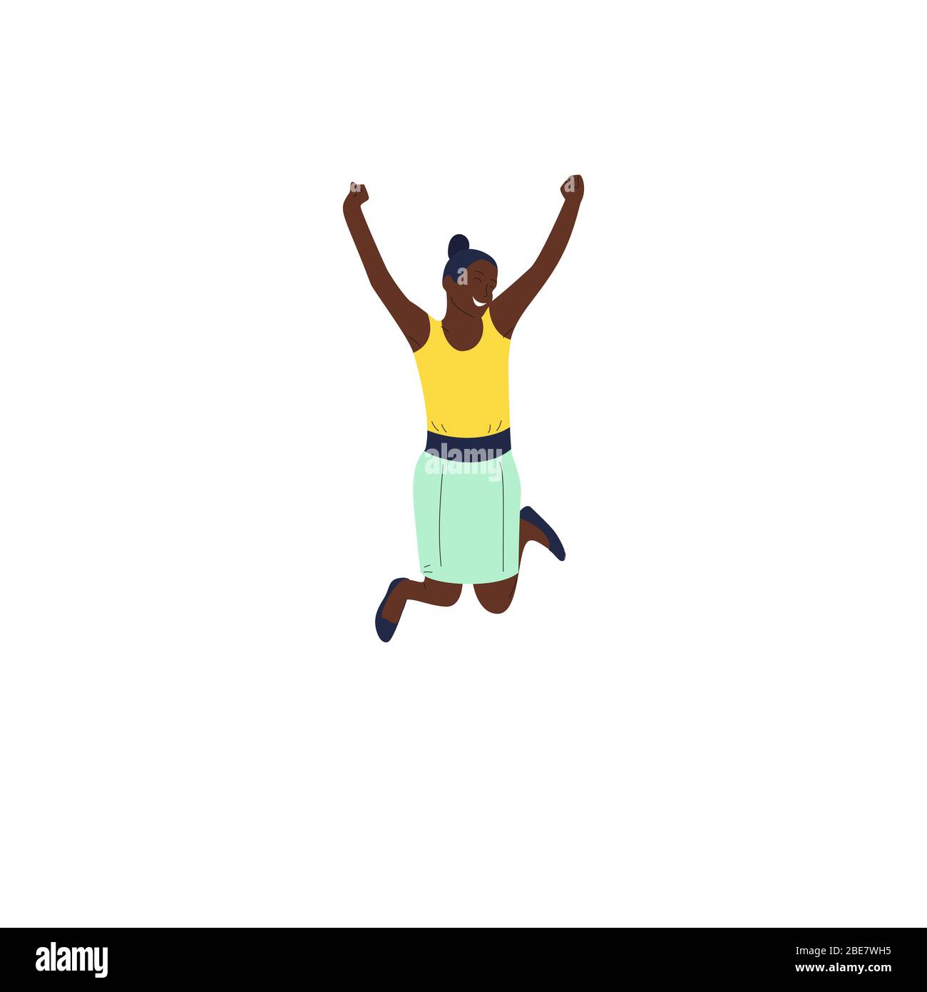 Cheerful girl with dark skin is jumping in joy. Isolated on white ...