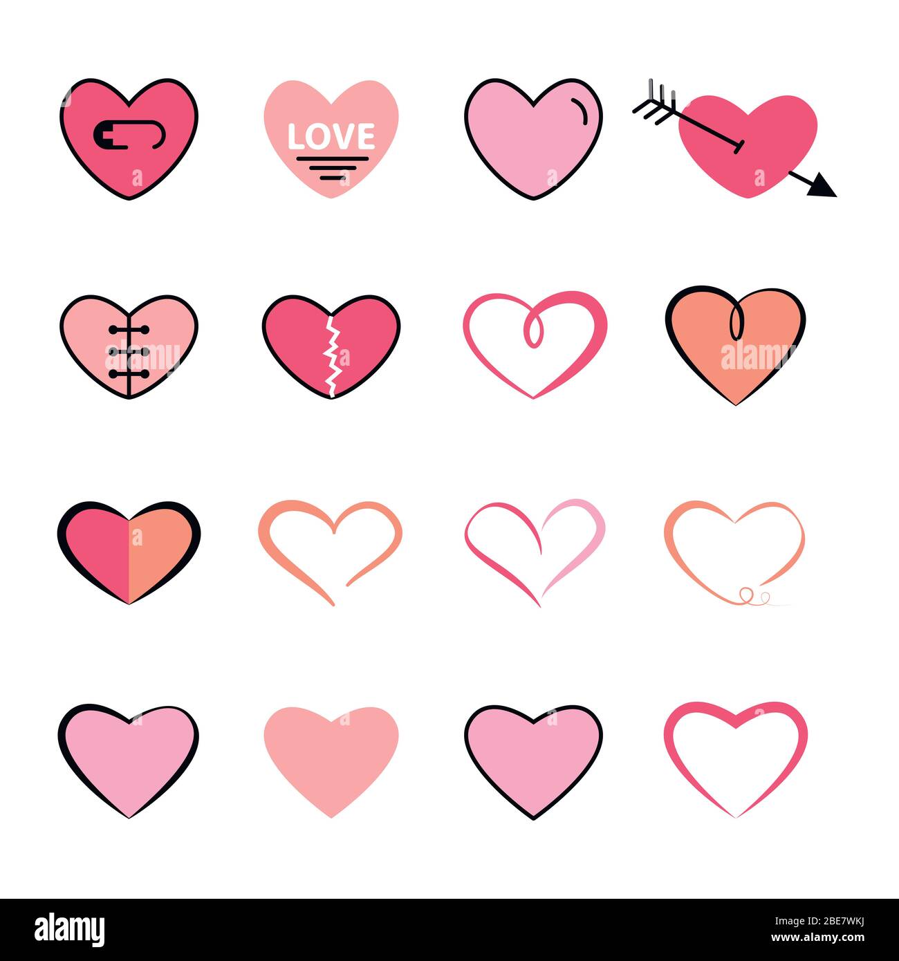 Heart flat and line icon pink color set isolated on a white background ...