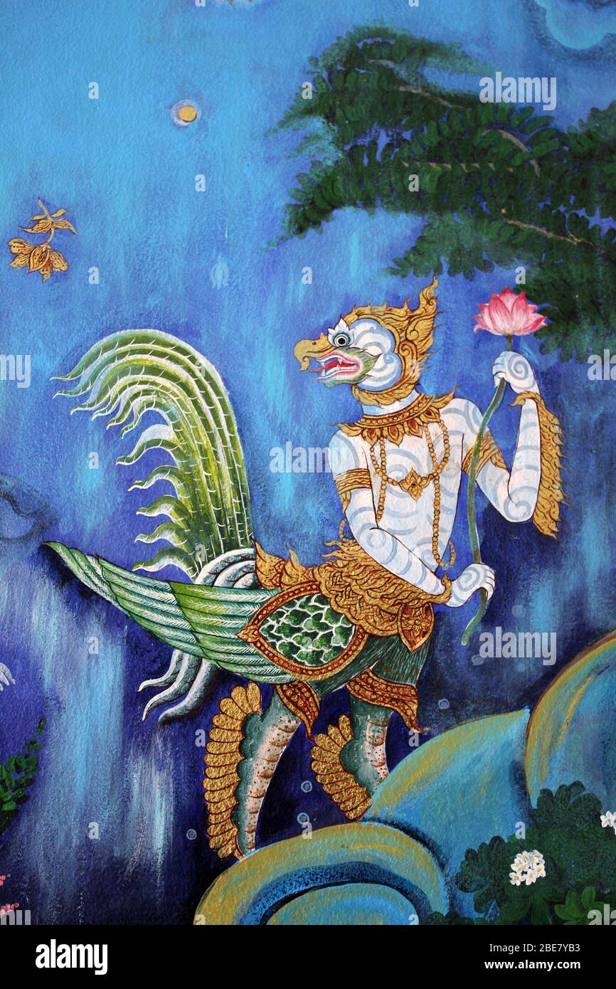 Thai Painting of The Mythical Bird-like Creature Garuda in the Himmavanta a legendary forest which surrounds the base of Mount Meru in Hinduism Stock Photo