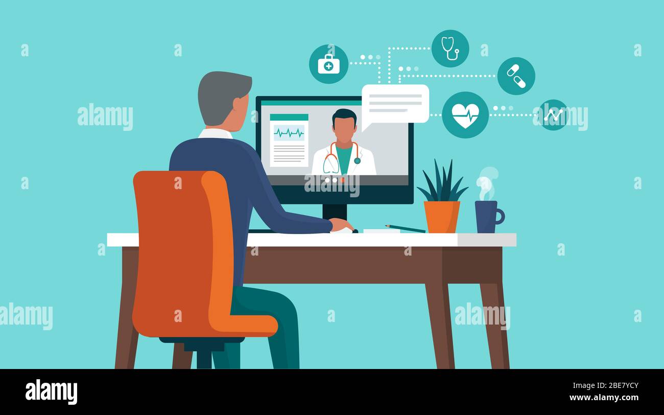 Senior man consulting a doctor online using his computer, telemedicine and online doctor concept Stock Vector