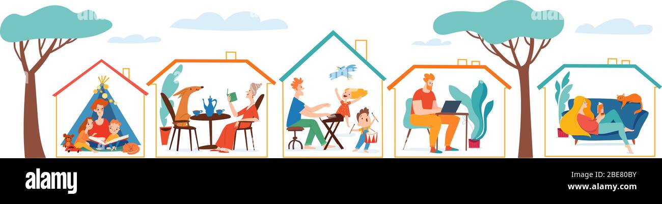 Stay at home vector quarantine illustration with set of houses with ...