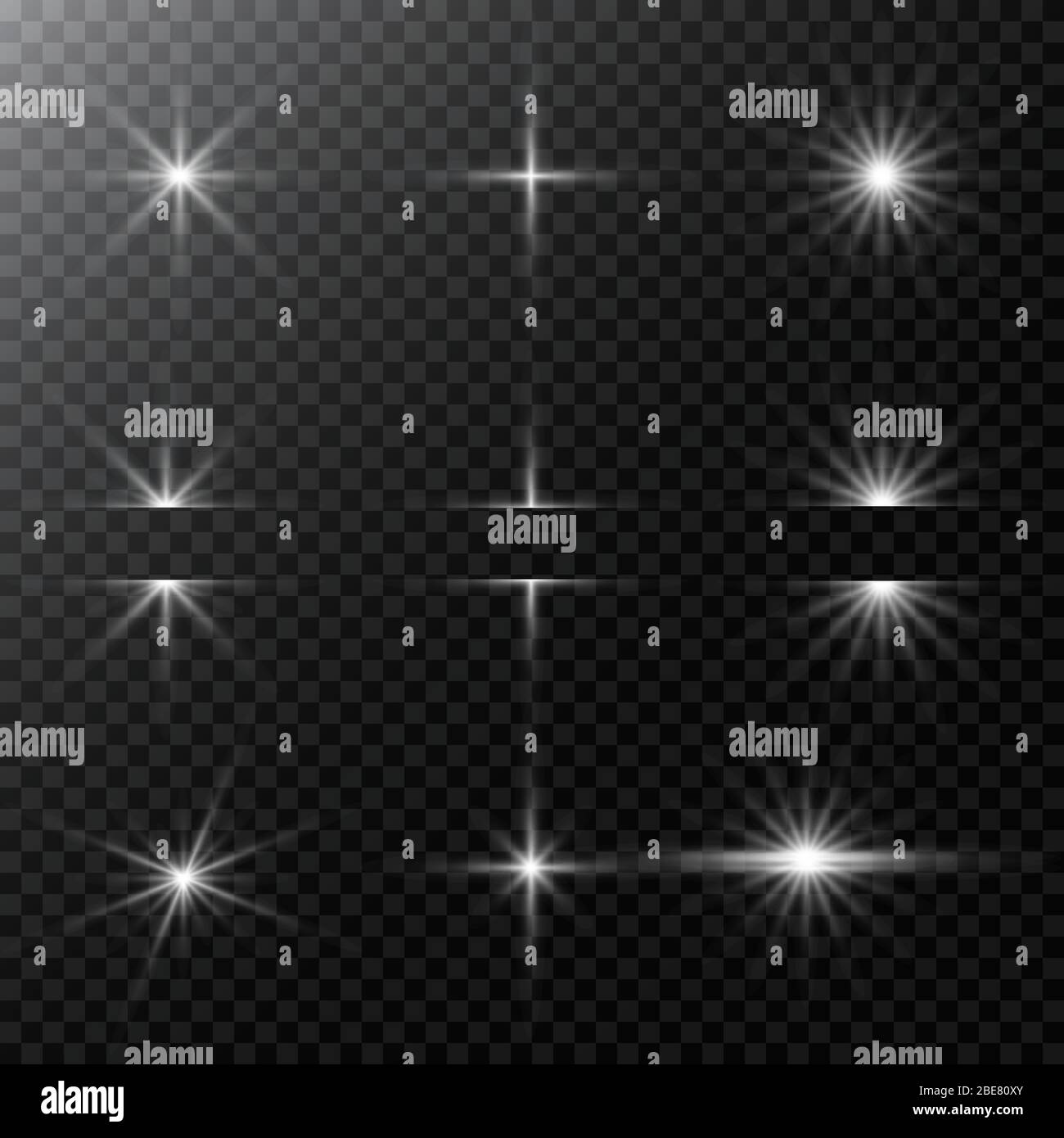 Set of Vector glowing light effect stars bursts with sparkles and flare, explosion on transparent background. Stock - Vector illustration. Stock Vector