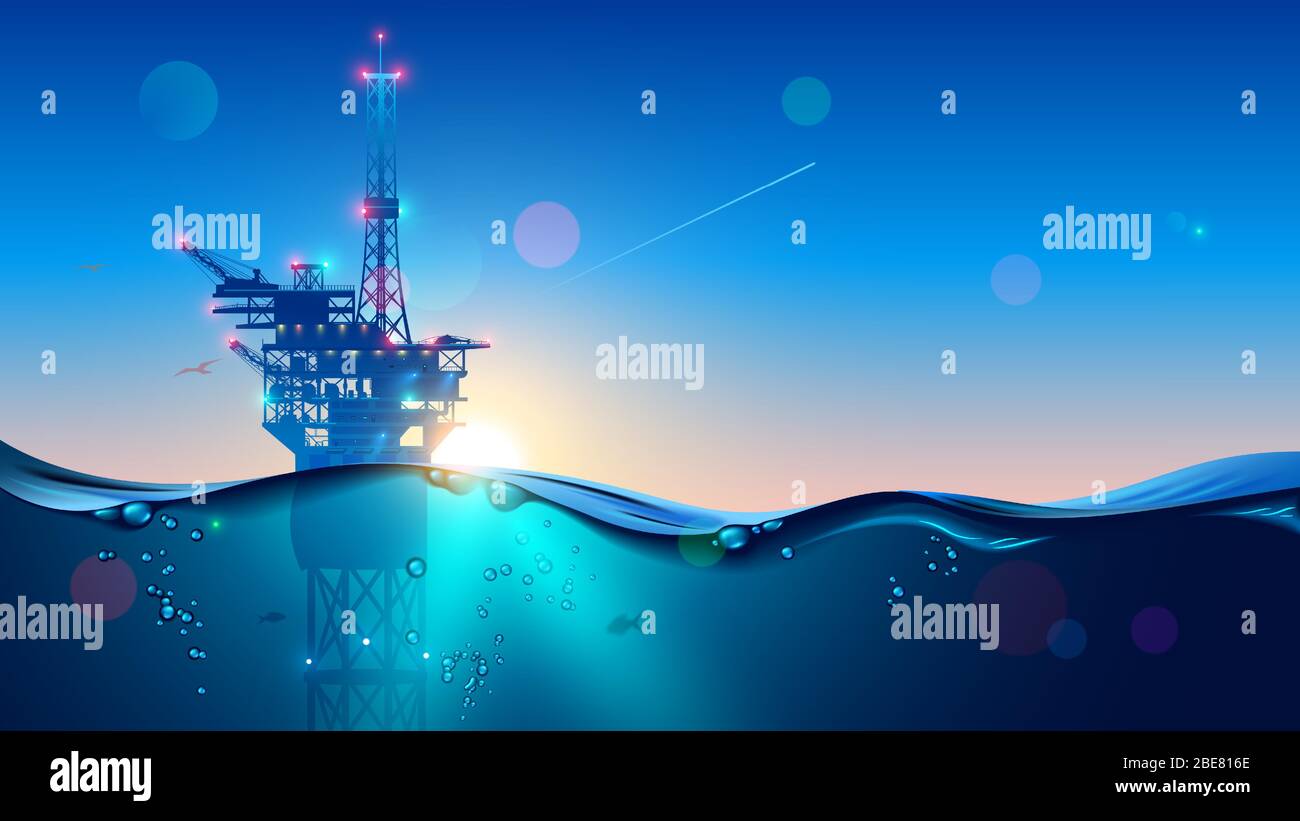 Offshore Oil or Gas Rig in sea at sunset time. industry drill platform in ocean. Water with underwater bubbles with sunrise on horizon. subsea marine Stock Vector