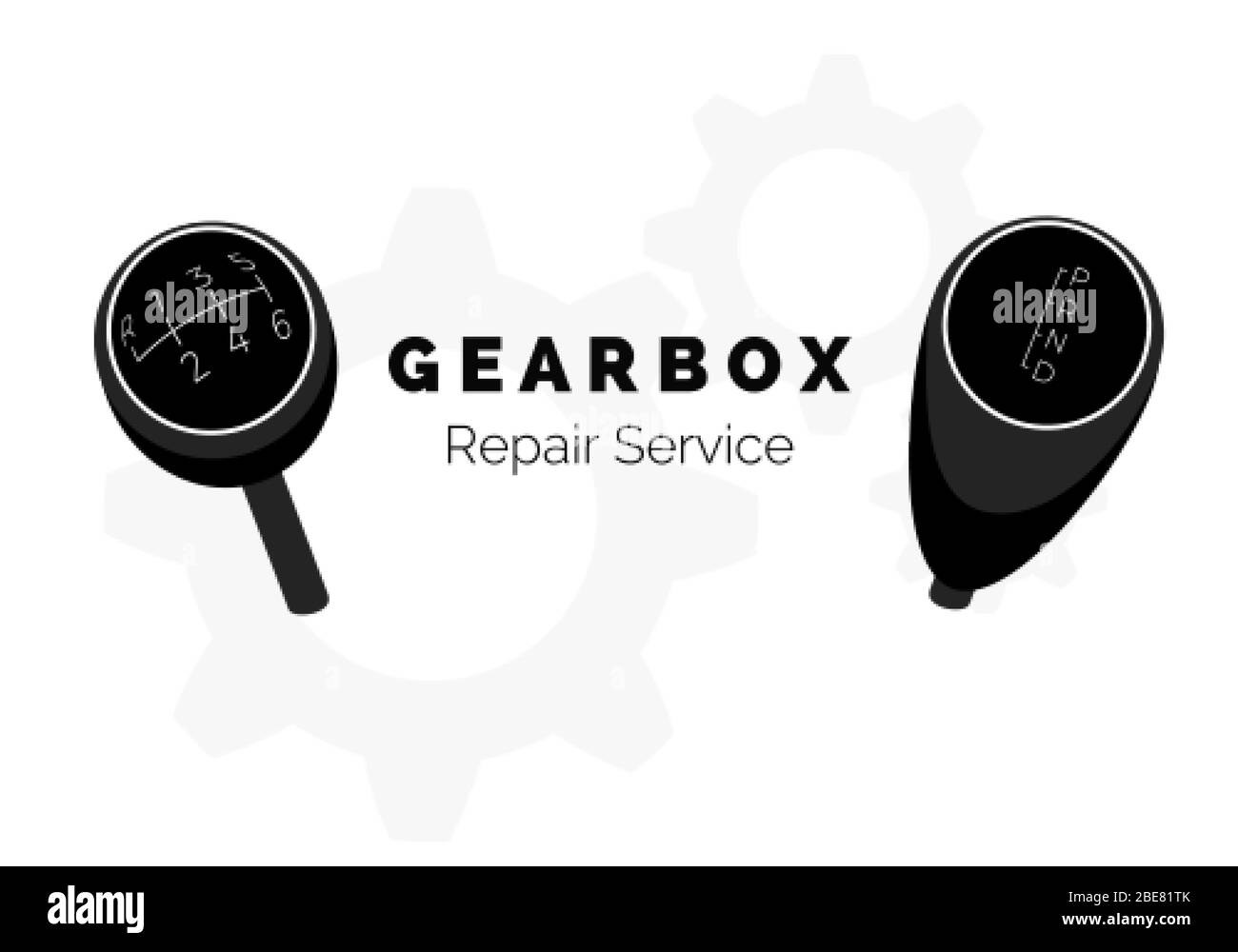 Gearbox repair service advertising. Vehicle Gear Knob. Manual and automatic car transmission. Vector illustraion Stock Vector