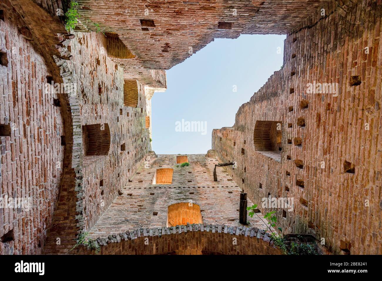 View from below of the interior of the ancient Torre di Mezzo tower, in the Corsini Park, historic center of Fucecchio, Florence, Italy Stock Photo