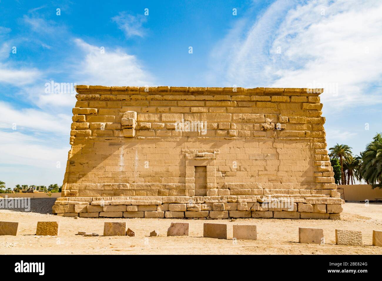 UNESCO World Heritage, Thebes in Egypt, Deir el Chelwit, temple of Isis, Ptolemaic and Roman period. The back, with an immured door and gargoyles. Stock Photo