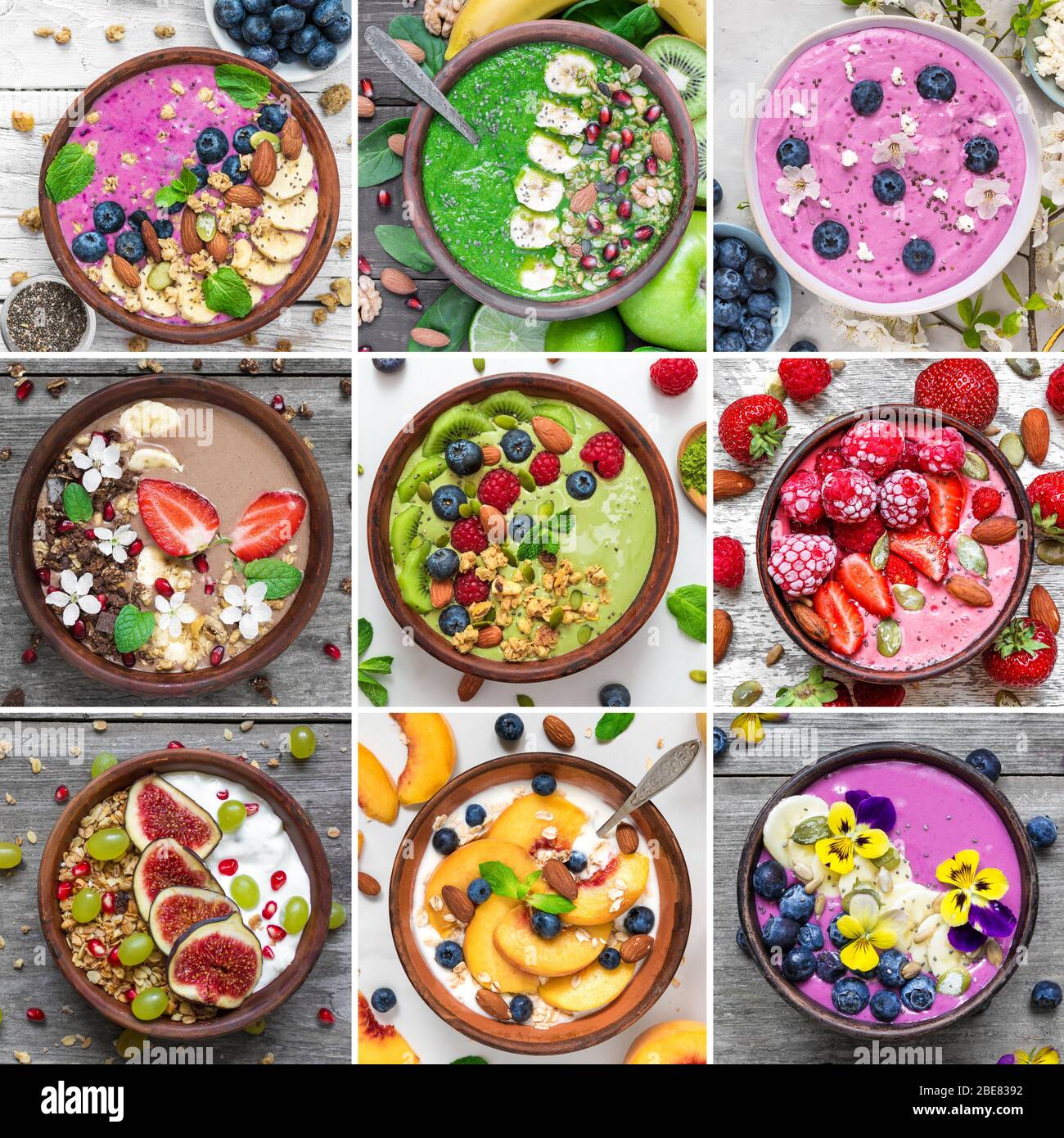Collage of different breakfast food. Bowls with smoothie, yogurt, granola. Top view. Square picture. Healthy diet food Stock Photo