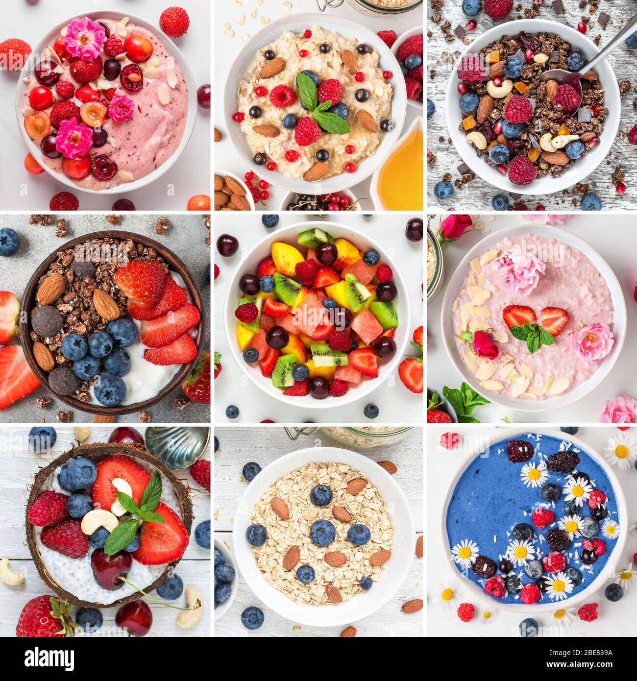 Collage of different breakfast food. Bowls with oatmeal, yogurt, granola, salad, muesli. Top view. Square picture. Healthy diet food Stock Photo