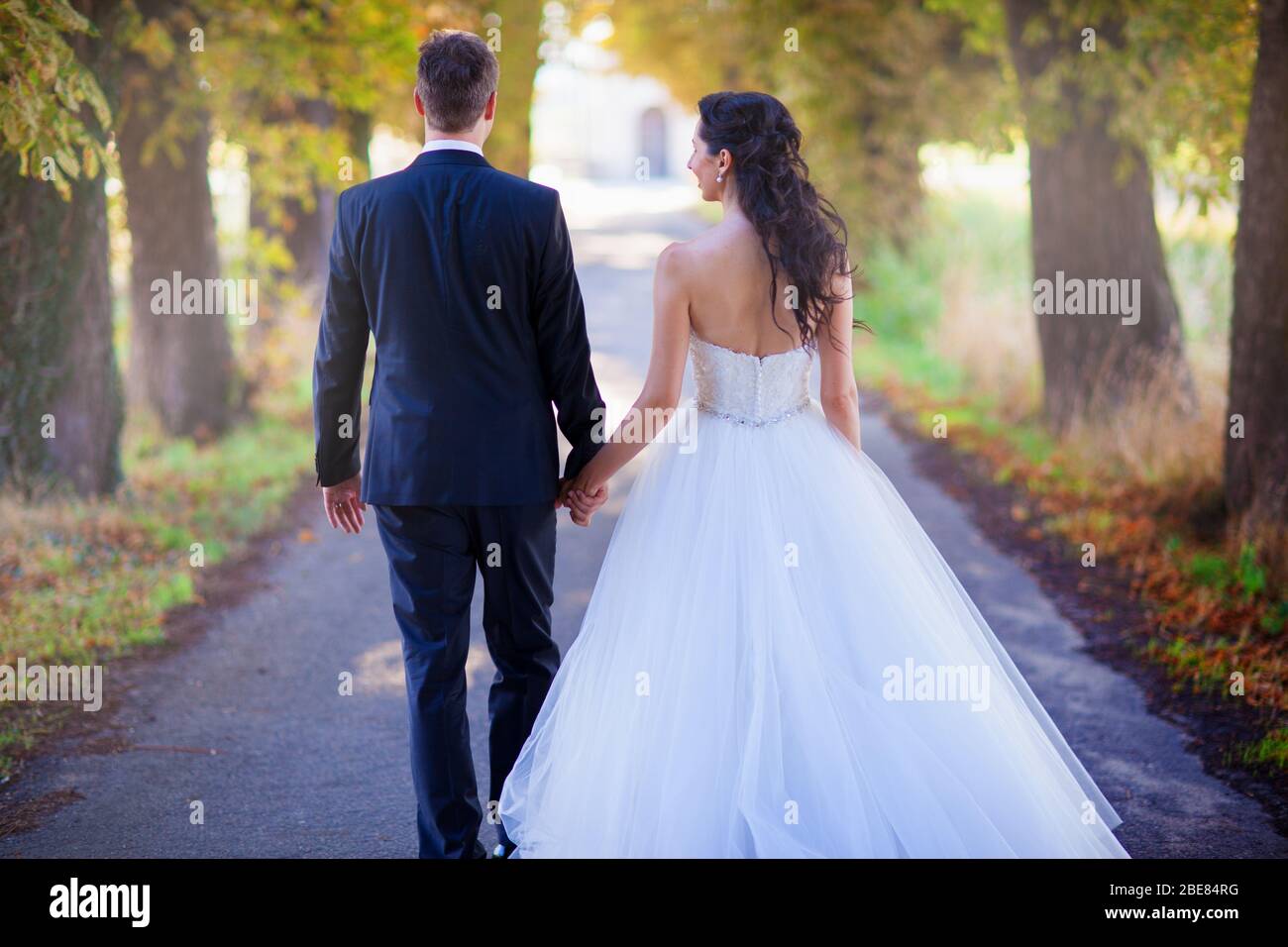 Back view of bride in white dress and groom in suit holding each others ...