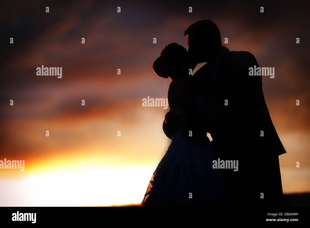 Back view of bride in white dress and groom in suit holding each others ...