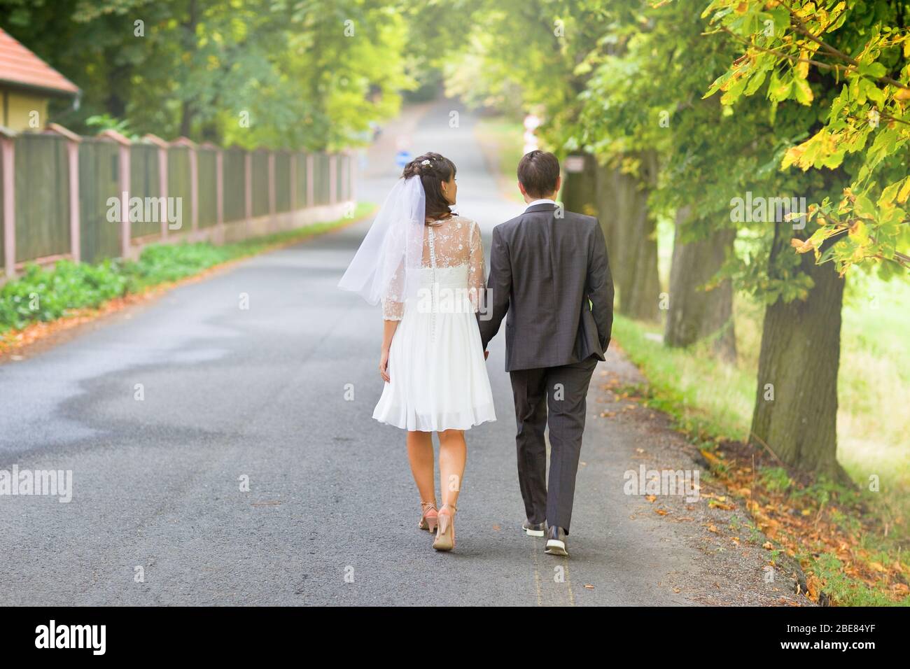 Back view of bride in white dress and groom in suit holding each others ...